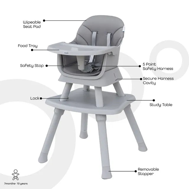 Moon 6 In 1 High Chair with Safety Harness & Belt Grey