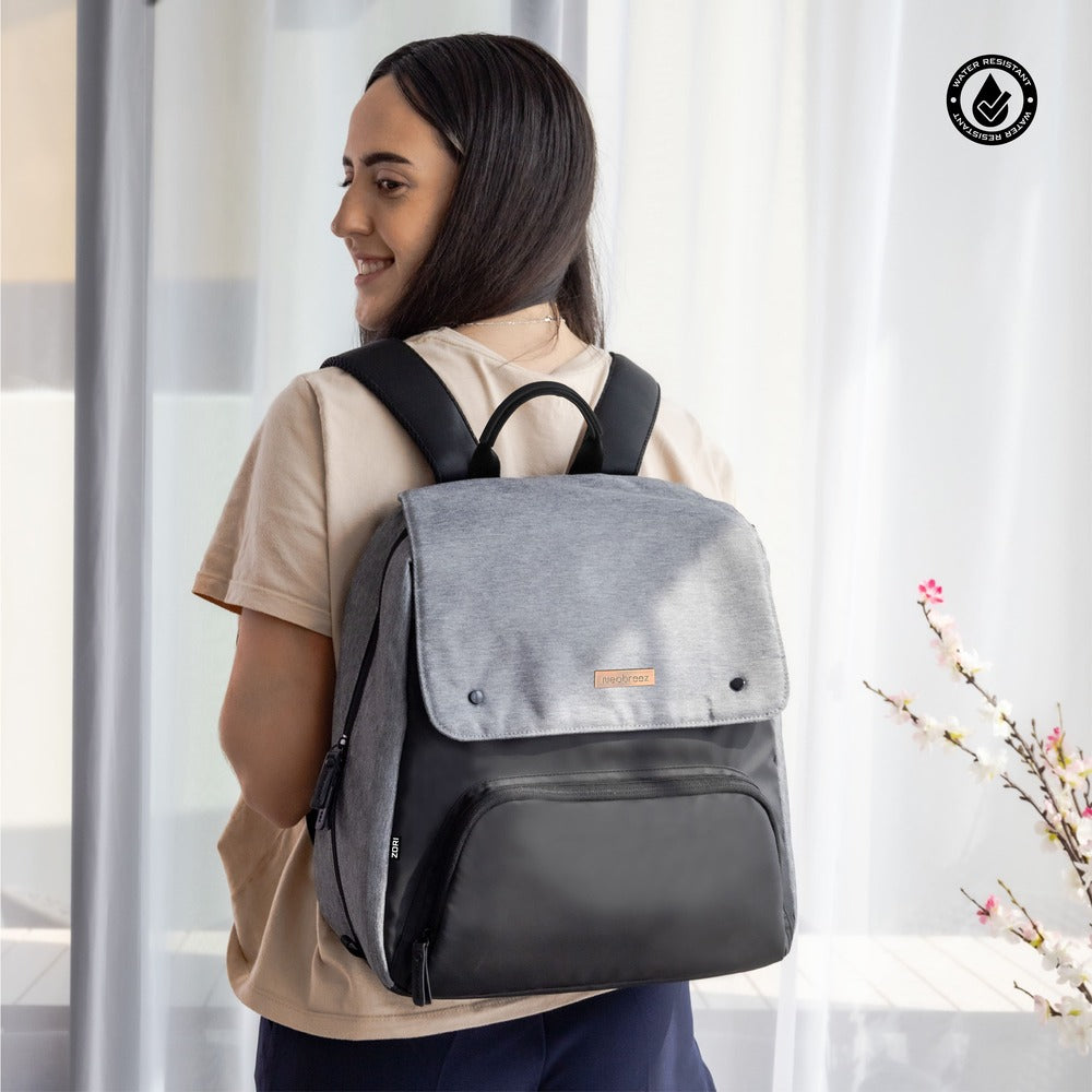 Neobreez Zori Diaper Backpack 7pc Set with Changing Mat Wet Bag and Pouches Grey