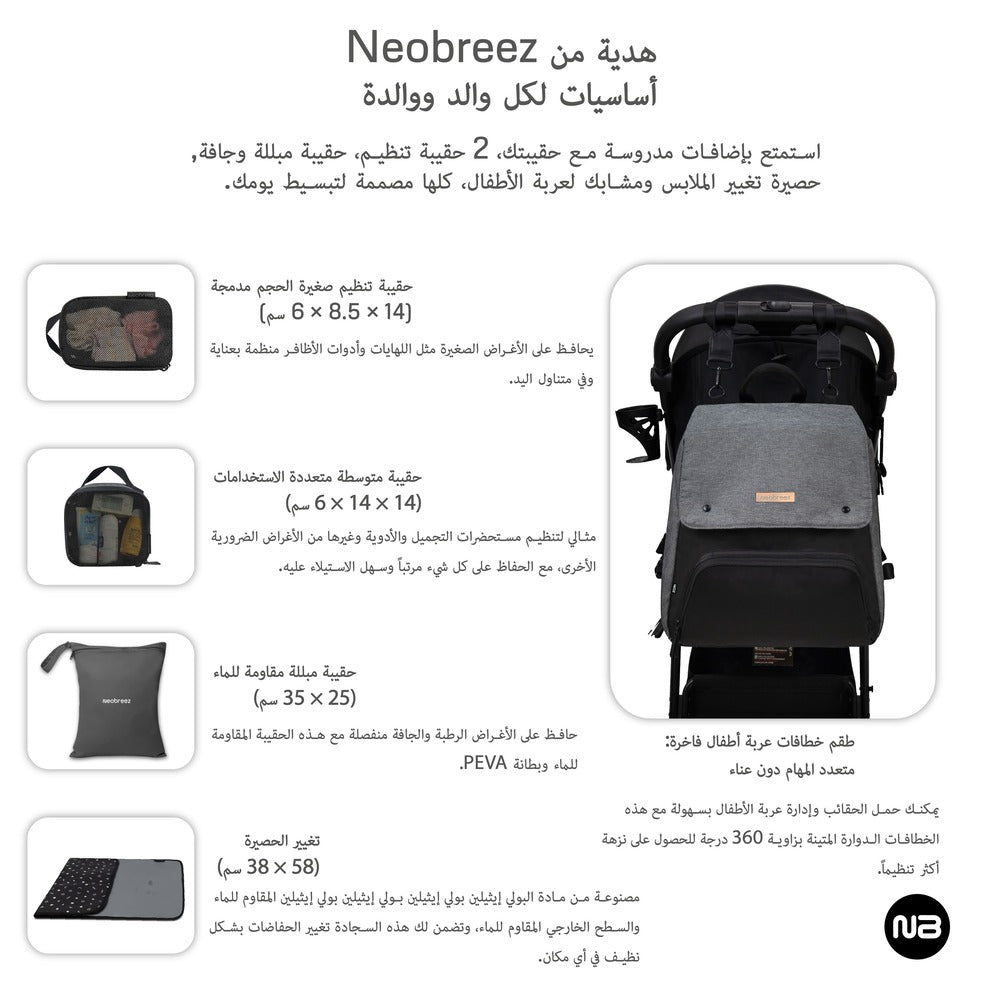 Neobreez Zori Diaper Backpack 7pc Set with Changing Mat Wet Bag and Pouches Grey