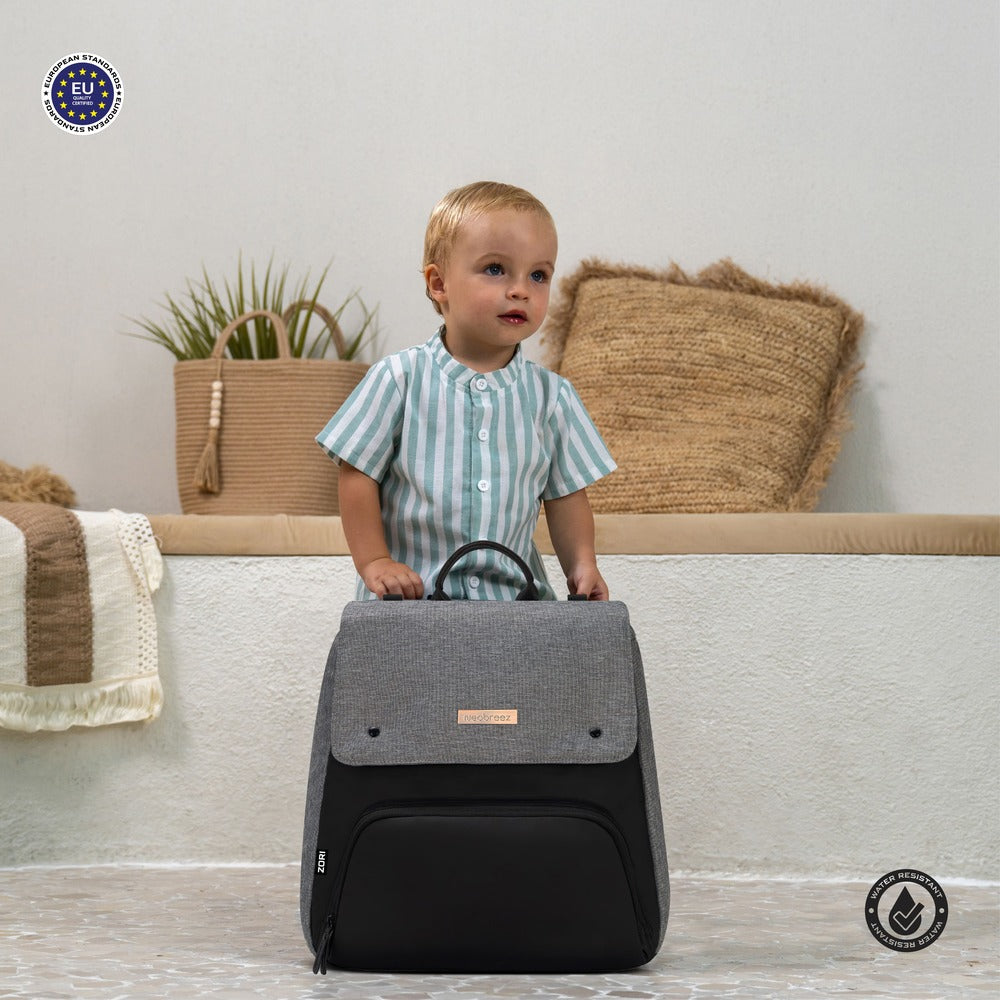 Neobreez Zori Diaper Backpack 7pc Set with Changing Mat Wet Bag and Pouches Grey