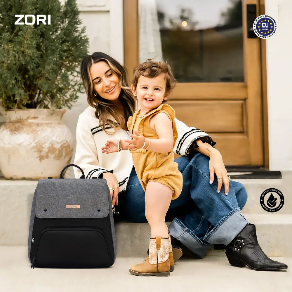 Neobreez Zori Diaper Backpack 7pc Set with Changing Mat Wet Bag and Pouches Grey