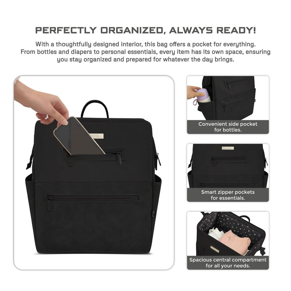 Neobreez Rilo Diaper Backpack 7pc Set with Changing Mat Wet Bag Pouches Black