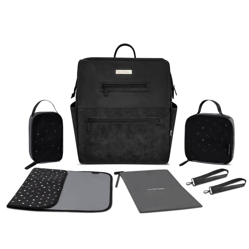 Neobreez Rilo Diaper Backpack 7pc Set with Changing Mat Wet Bag Pouches Black