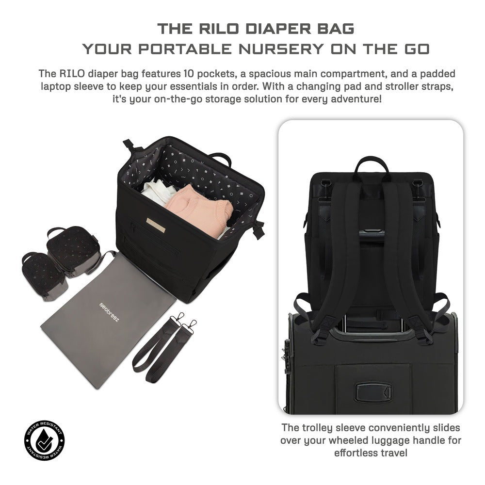 Neobreez Rilo Diaper Backpack 7pc Set with Changing Mat Wet Bag Pouches Black
