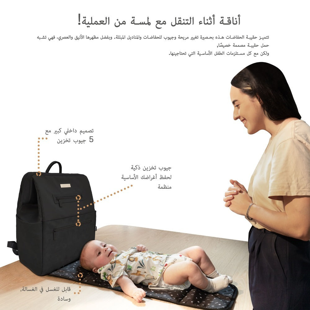 Neobreez Rilo Diaper Backpack 7pc Set with Changing Mat Wet Bag Pouches Black