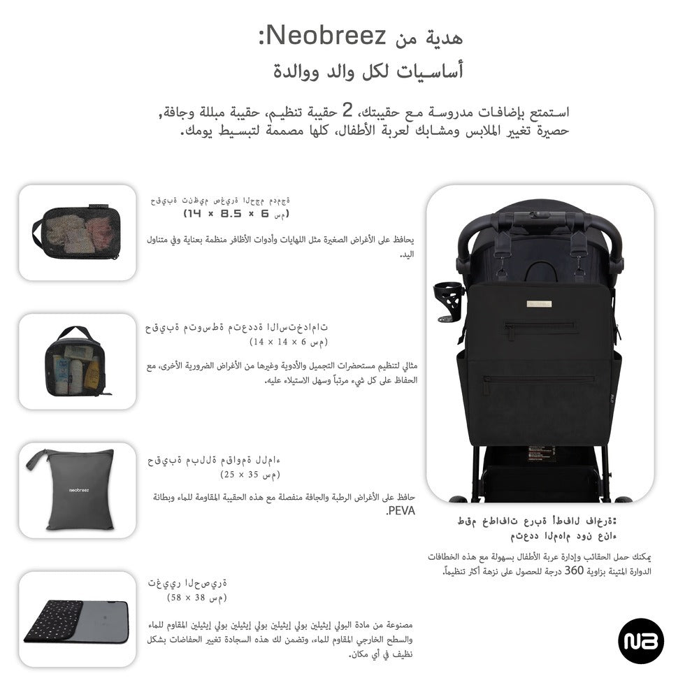 Neobreez Rilo Diaper Backpack 7pc Set with Changing Mat Wet Bag Pouches Black