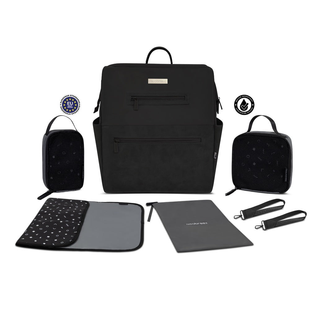 Neobreez Rilo Diaper Backpack 7pc Set with Changing Mat Wet Bag Pouches Black