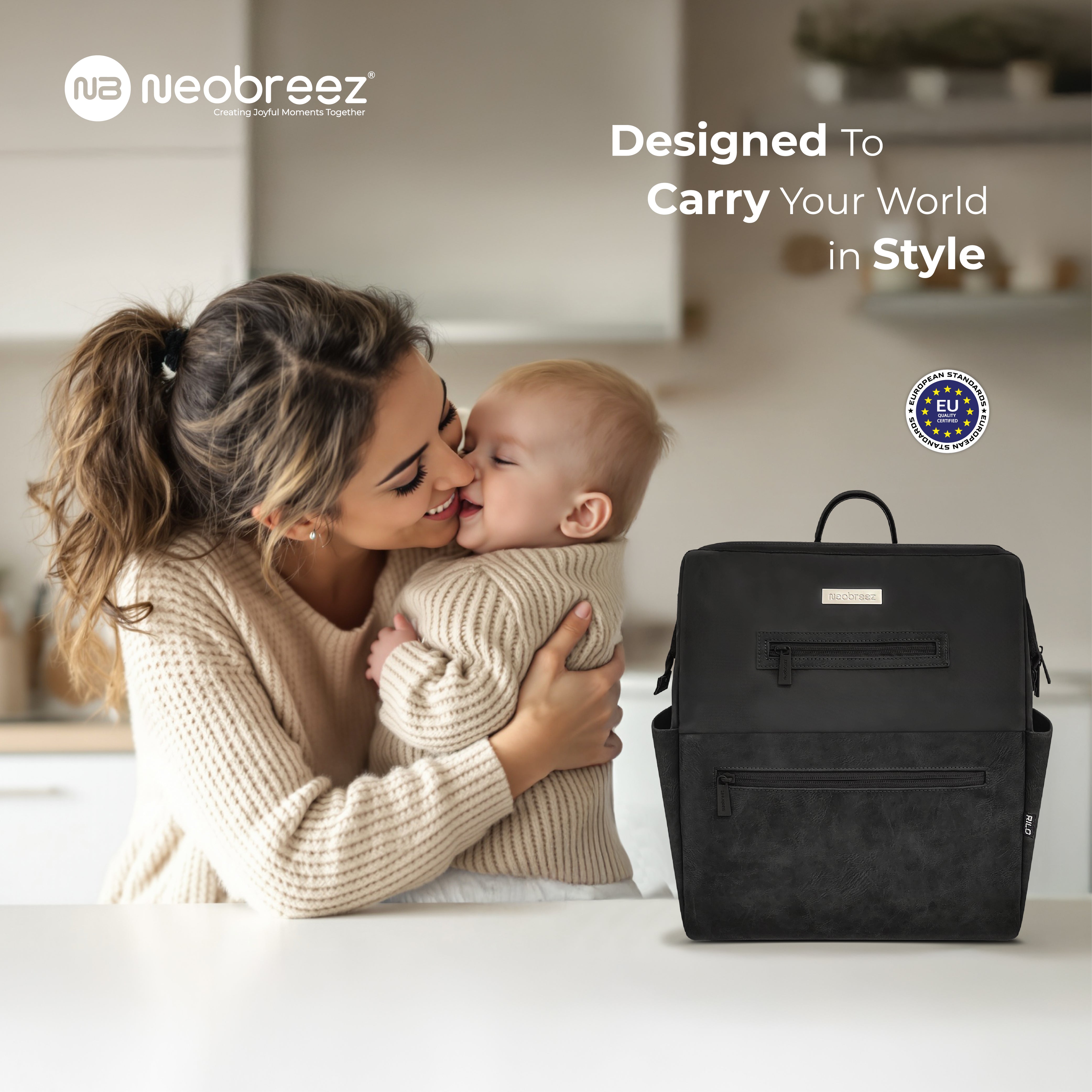 Neobreez Rilo Diaper Backpack 7pc Set with Changing Mat Wet Bag Pouches Black