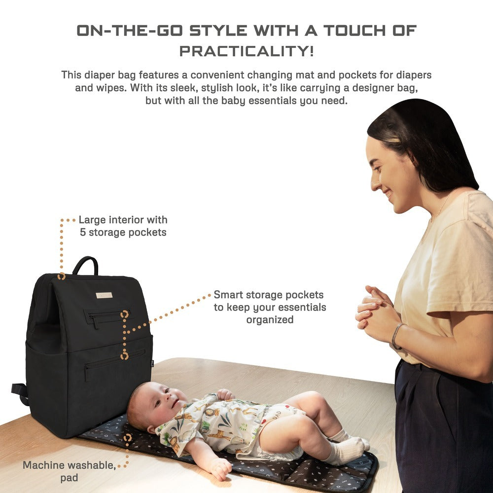 Neobreez Rilo Diaper Backpack 7pc Set with Changing Mat Wet Bag Pouches Black