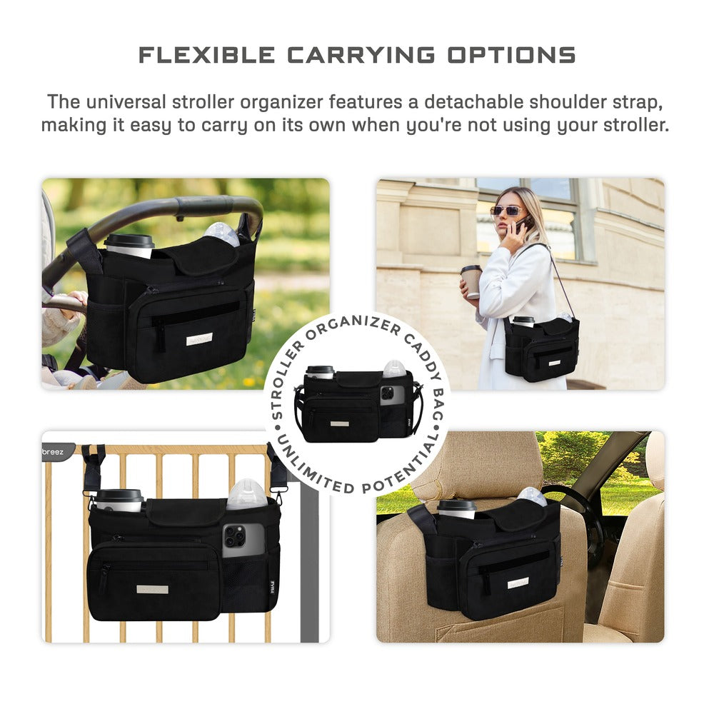 Neobreez Fyra Stroller Organizer Caddy with Insulated Cup Holder Black