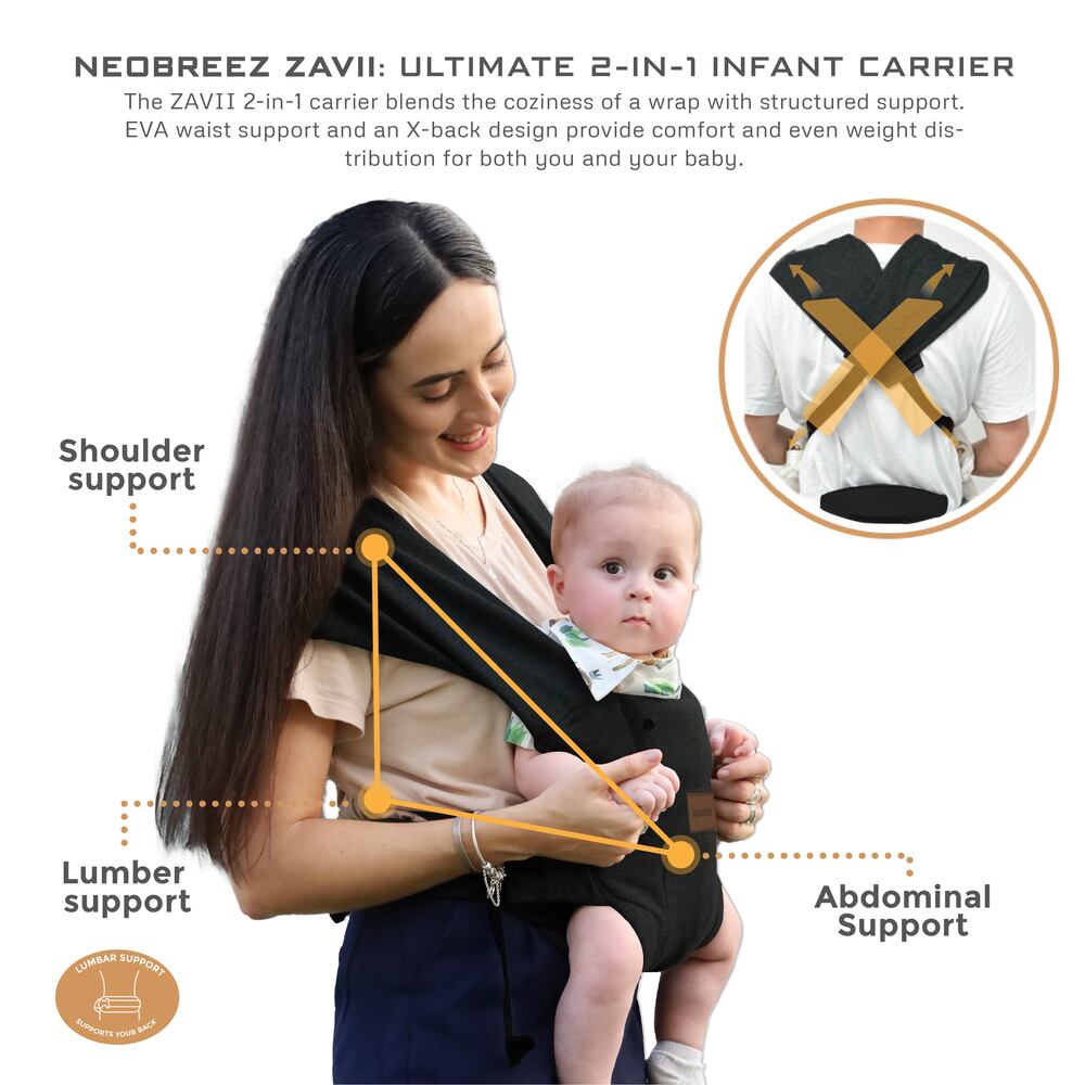 Neobreez ZAVII 2 in 1 Baby Carrier Lightweight Ergonomic Black