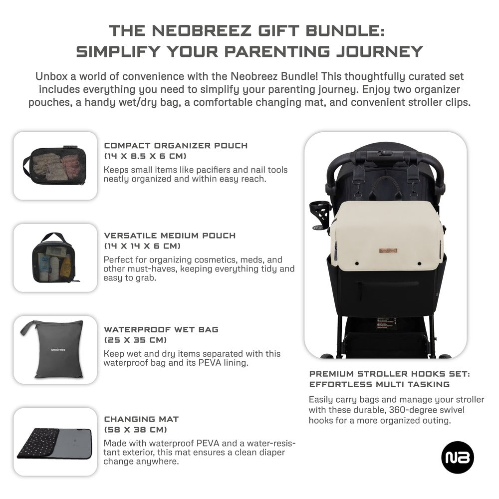 Neobreez Nixe Diaper Backpack 7pcs Set with Changing Mat Wet Bag and Pouches Beige