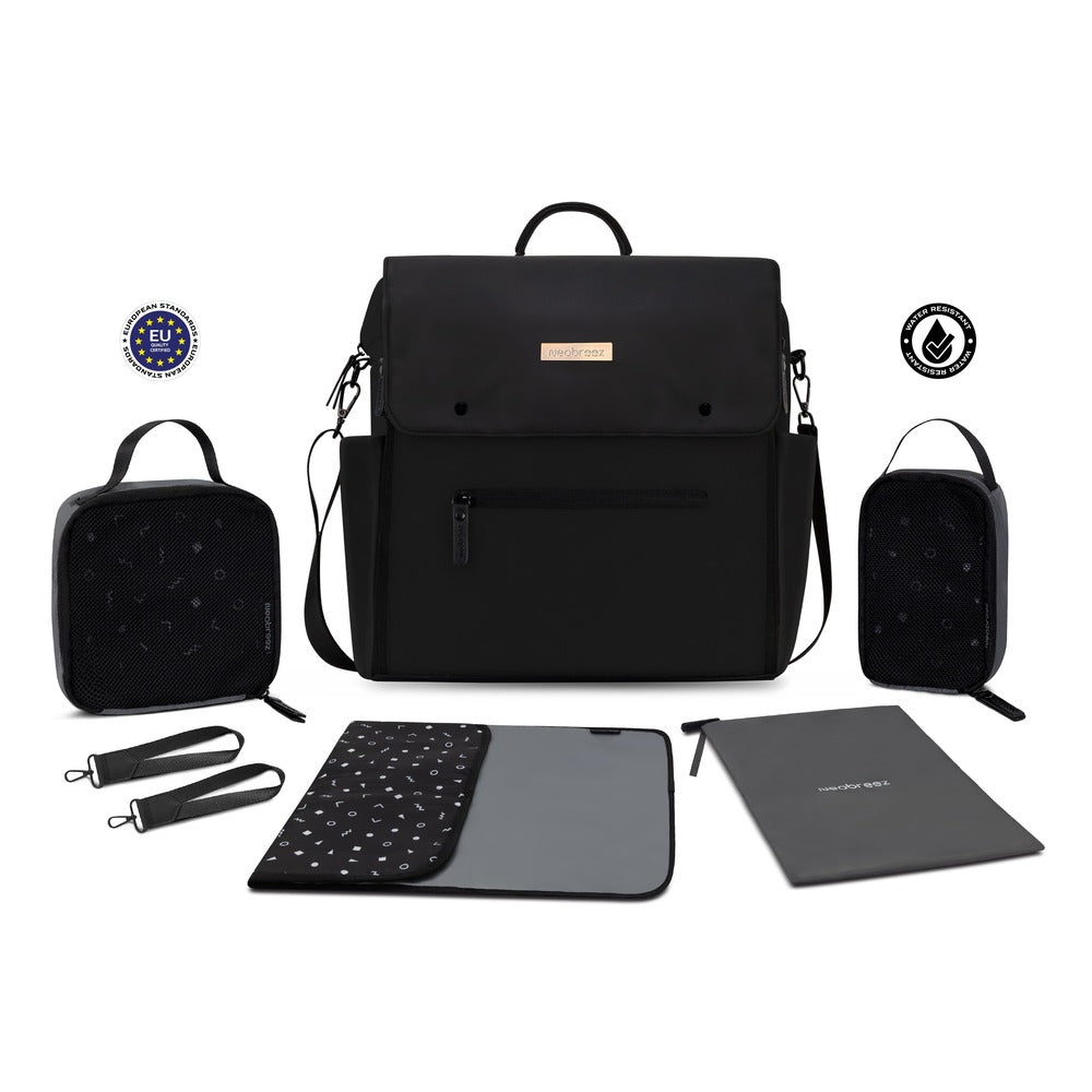 Neobreez Nixe Diaper Backpack 7pcs Set with Changing Mat Wet Bag and Pouches Black