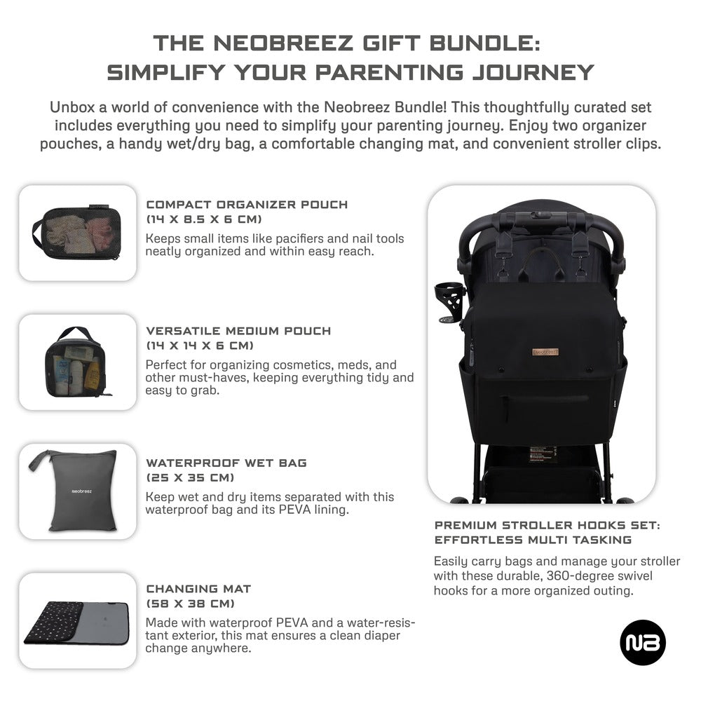 Neobreez Nixe Diaper Backpack 7pcs Set with Changing Mat Wet Bag and Pouches Black