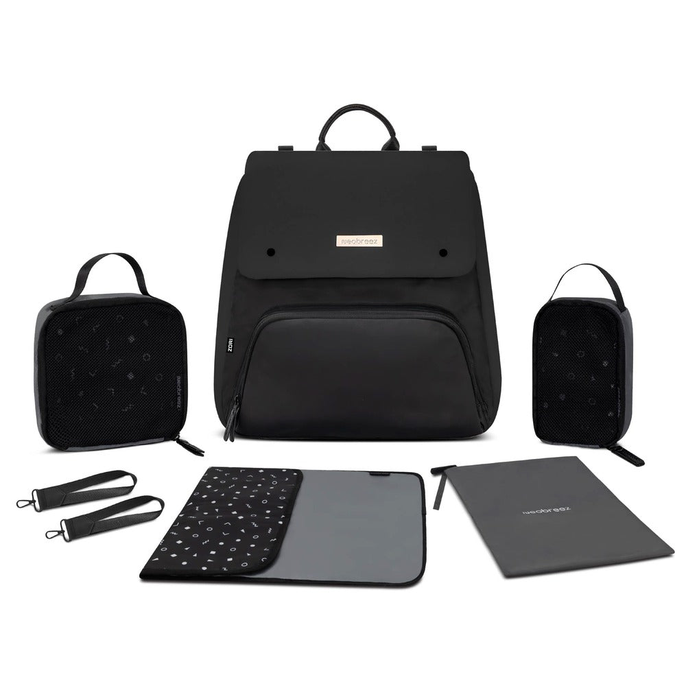 Neobreez Zori Diaper Backpack 7pc Set with Changing Mat Wet Bag and Pouches Black