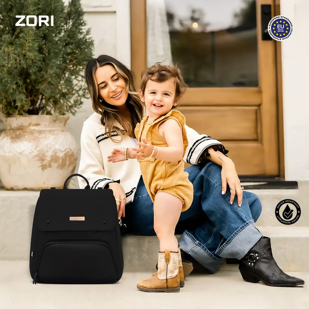 Neobreez Zori Diaper Backpack 7pc Set with Changing Mat Wet Bag and Pouches Black