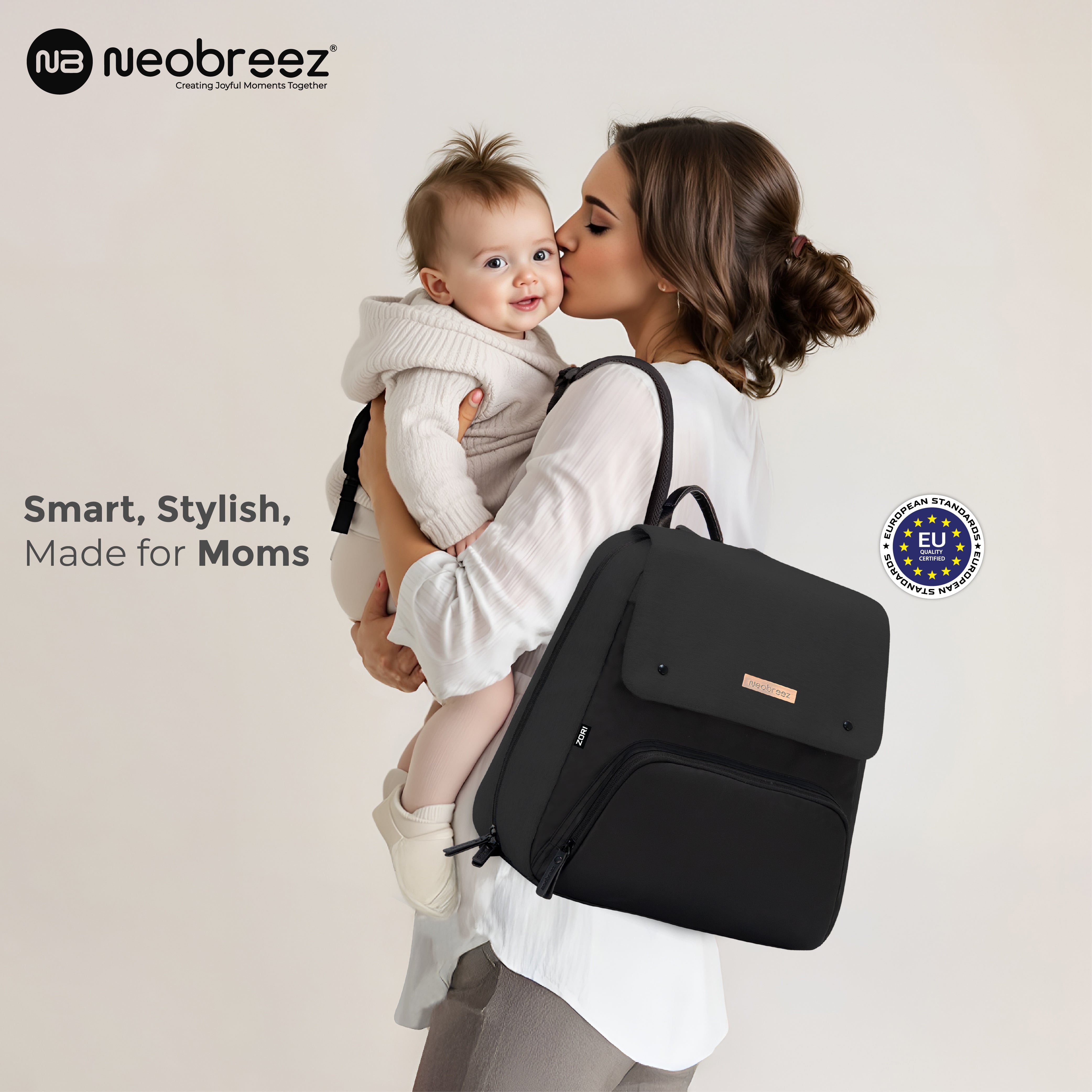 Neobreez Zori Diaper Backpack 7pc Set with Changing Mat Wet Bag and Pouches Black