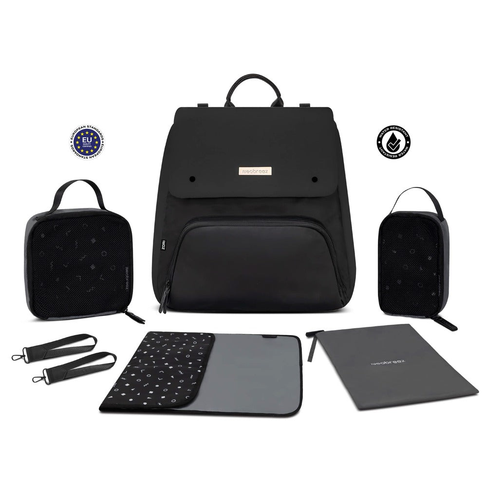 Neobreez Zori Diaper Backpack 7pc Set with Changing Mat Wet Bag and Pouches Black