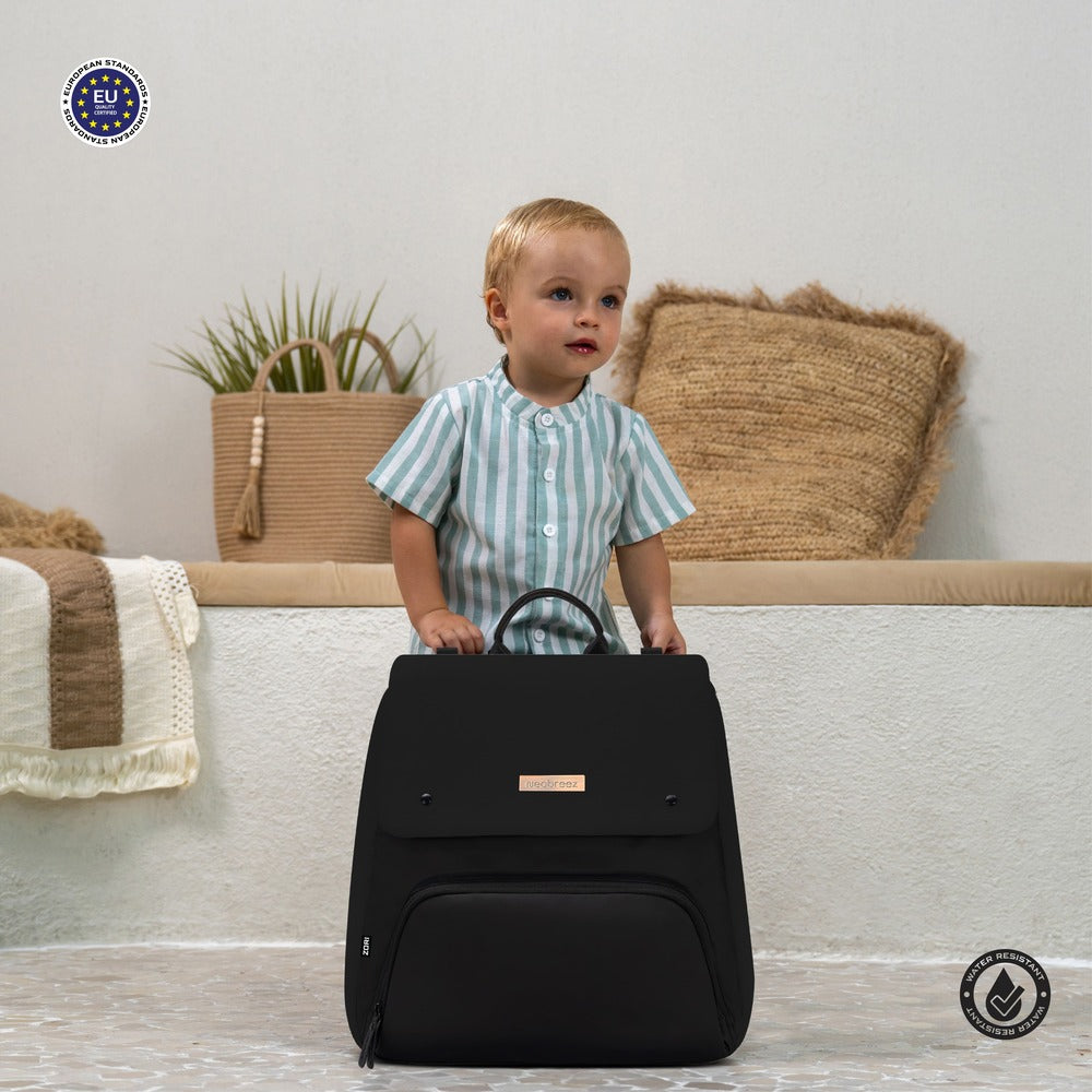 Neobreez Zori Diaper Backpack 7pc Set with Changing Mat Wet Bag and Pouches Black