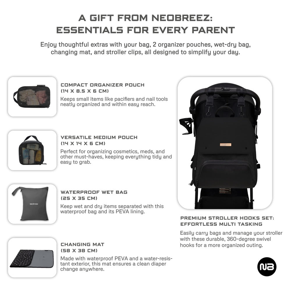 Neobreez Zori Diaper Backpack 7pc Set with Changing Mat Wet Bag and Pouches Black