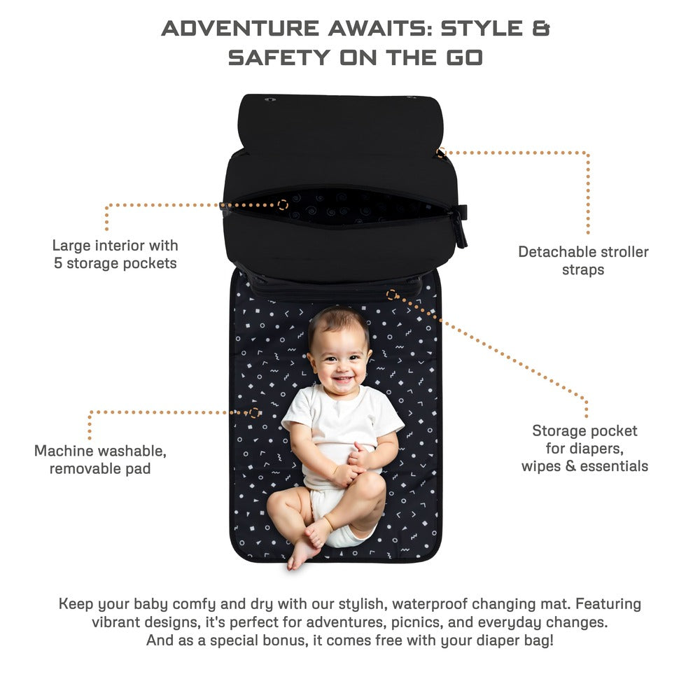 Neobreez Zori Diaper Backpack 7pc Set with Changing Mat Wet Bag and Pouches Black