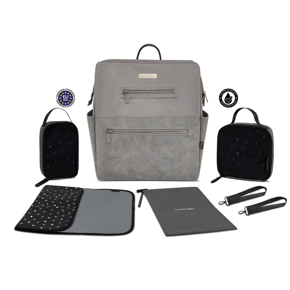 Neobreez Rilo Diaper Backpack 7pc Set with Changing Mat Wet Bag Pouches Stone Grey