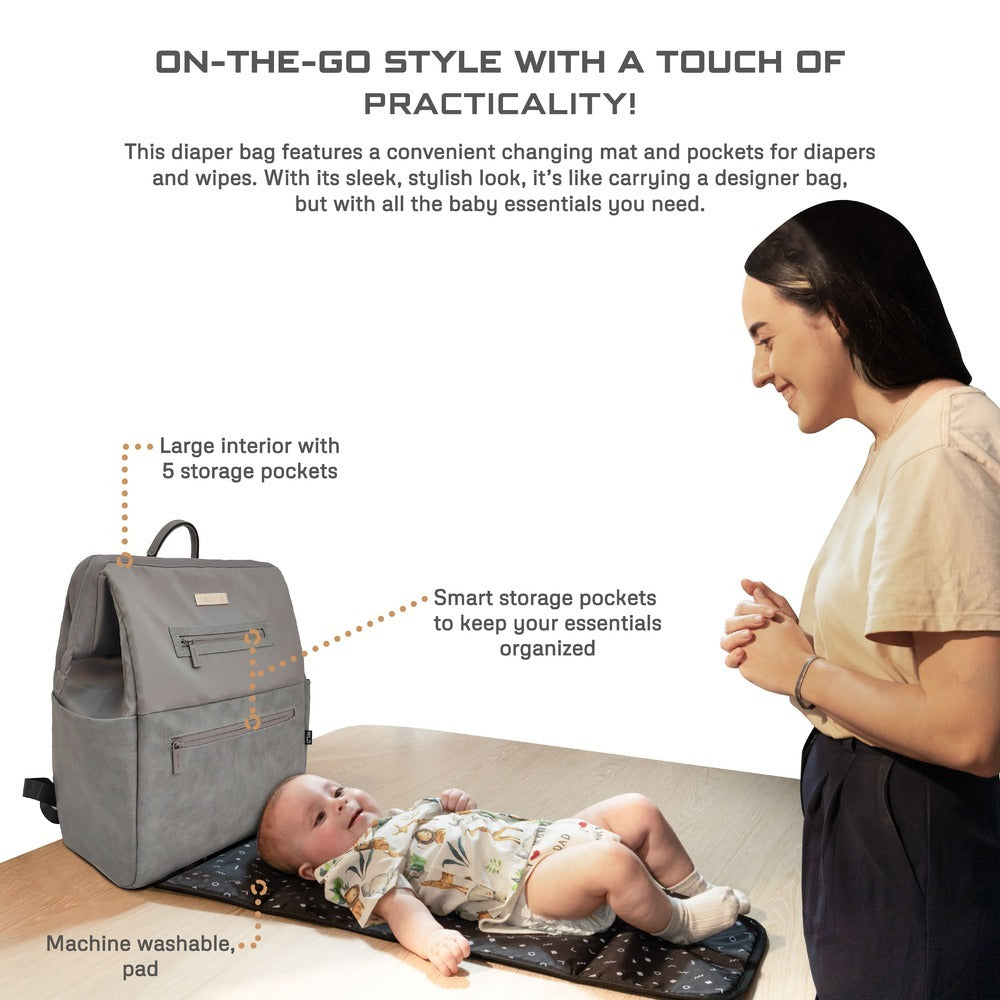 Neobreez Rilo Diaper Backpack 7pc Set with Changing Mat Wet Bag Pouches Stone Grey