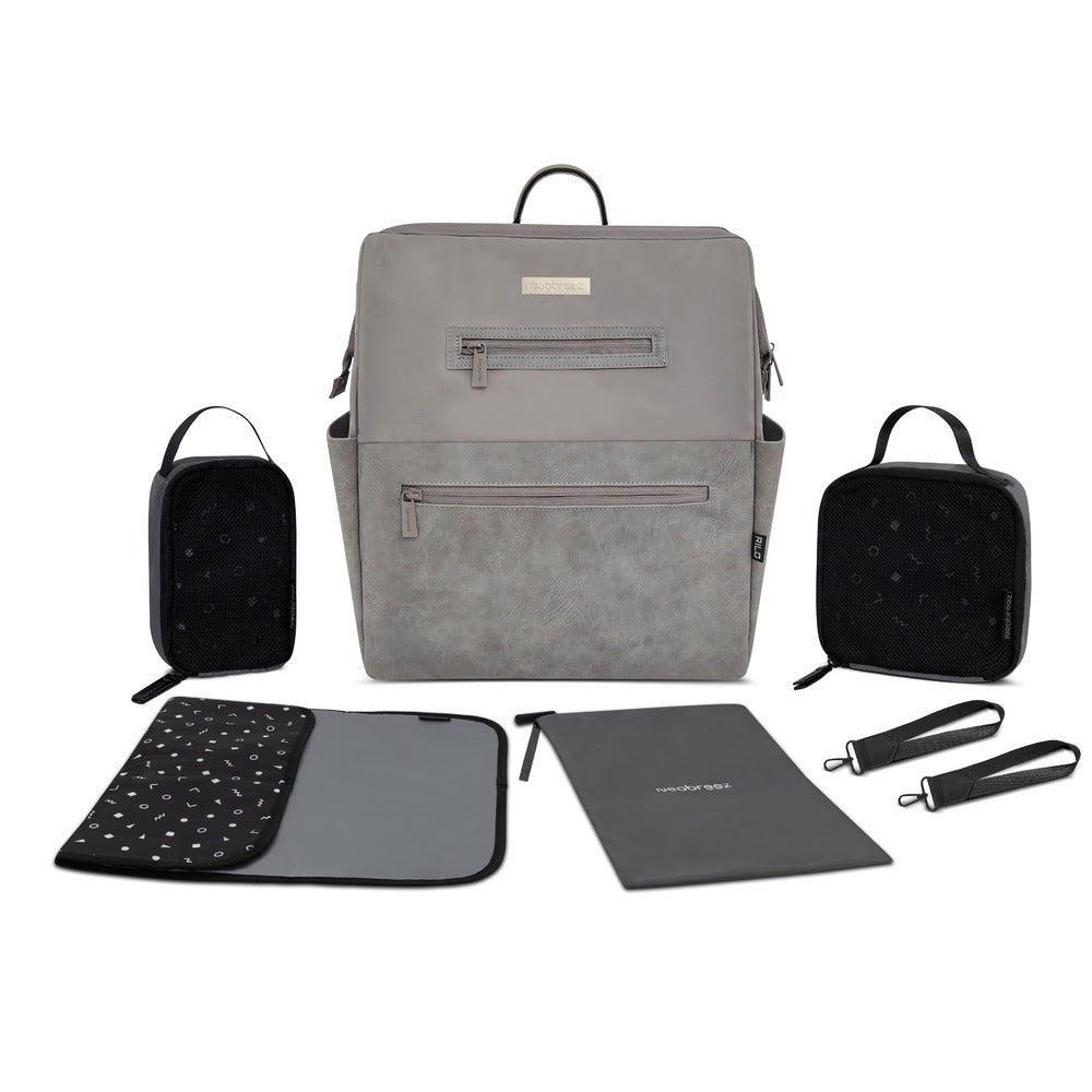 Neobreez Rilo Diaper Backpack 7pc Set with Changing Mat Wet Bag Pouches Stone Grey