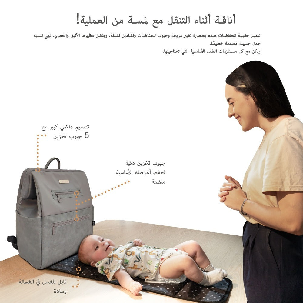 Neobreez Rilo Diaper Backpack 7pc Set with Changing Mat Wet Bag Pouches Stone Grey