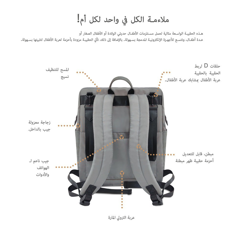 Neobreez Rilo Diaper Backpack 7pc Set with Changing Mat Wet Bag Pouches Stone Grey