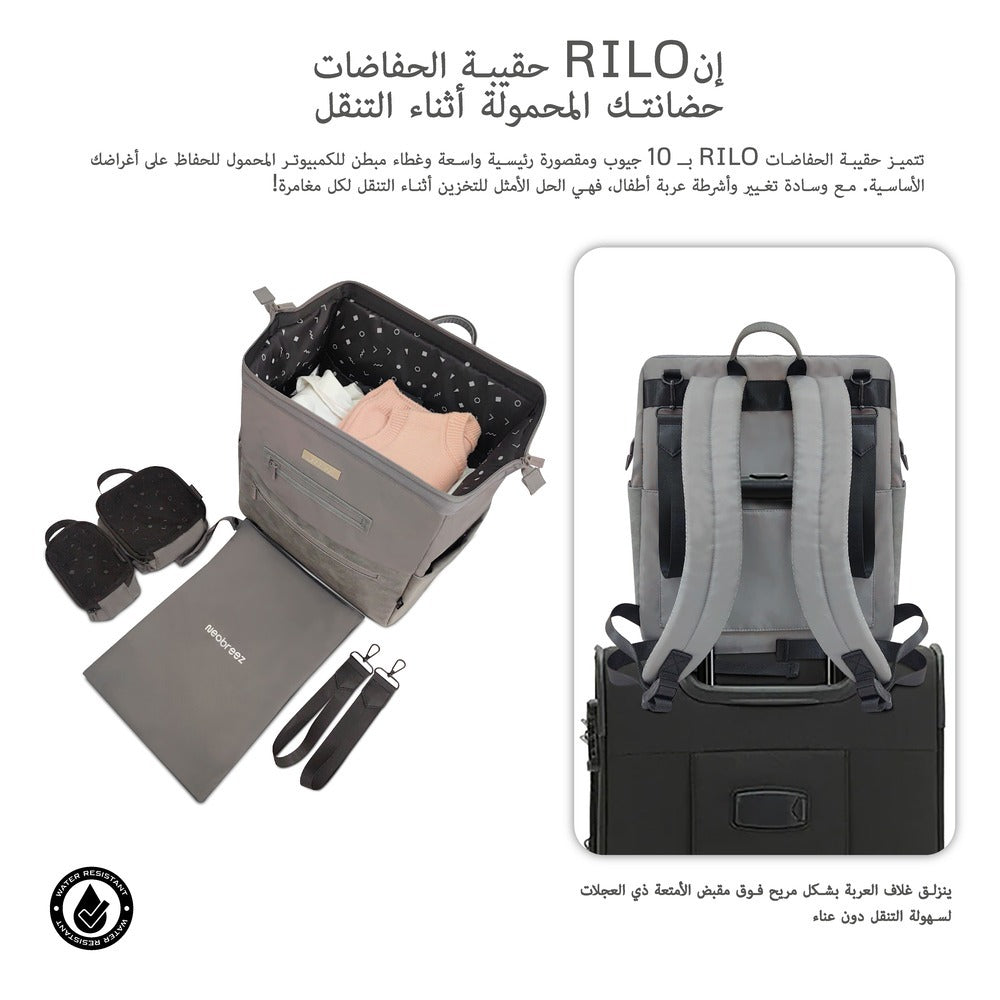 Neobreez Rilo Diaper Backpack 7pc Set with Changing Mat Wet Bag Pouches Stone Grey