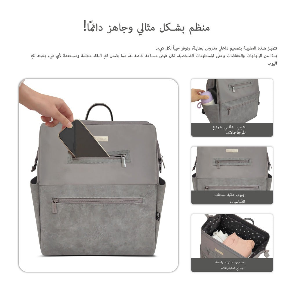 Neobreez Rilo Diaper Backpack 7pc Set with Changing Mat Wet Bag Pouches Stone Grey