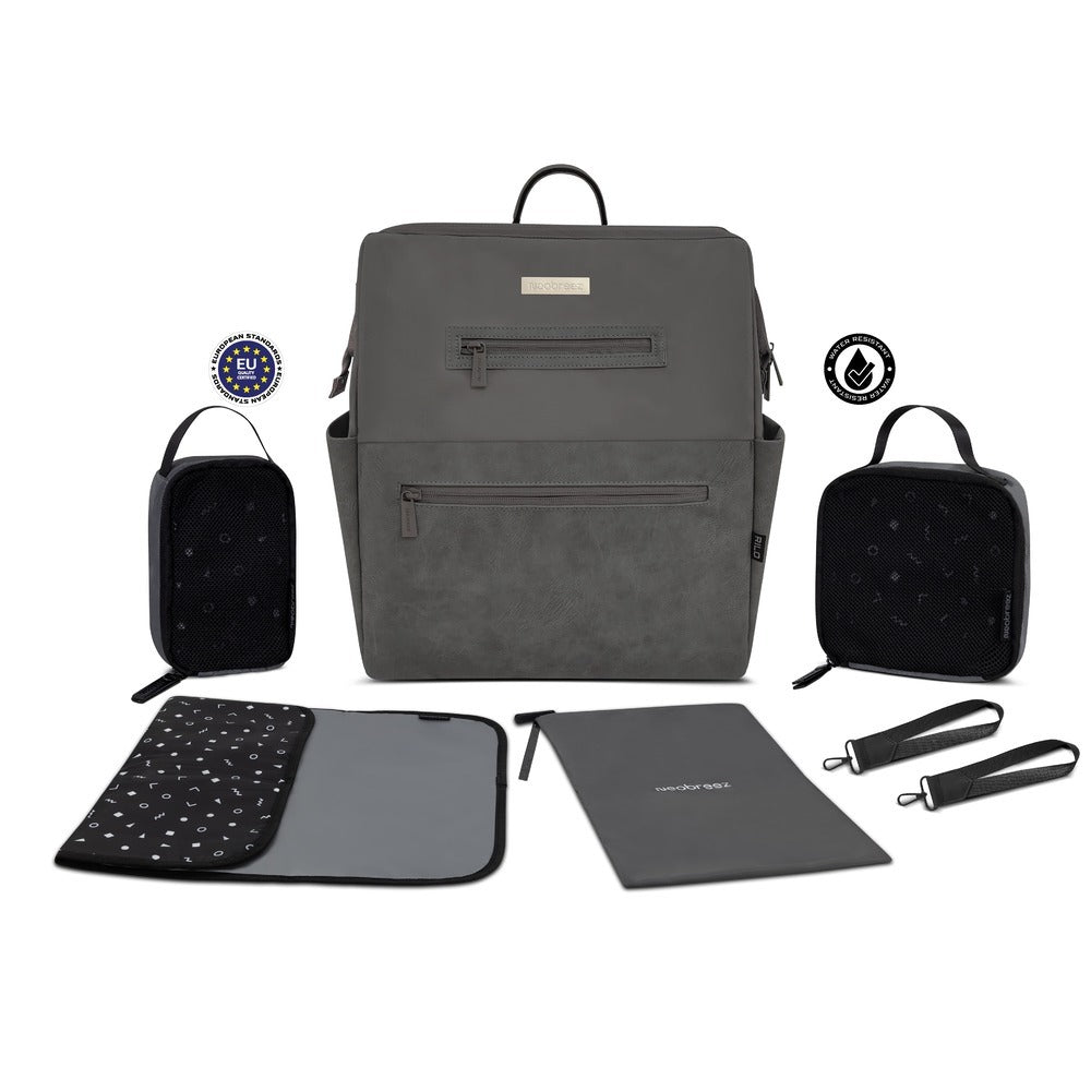 Neobreez Rilo Diaper Backpack 7pc Set with Changing Mat Wet Bag Pouches Dark Grey