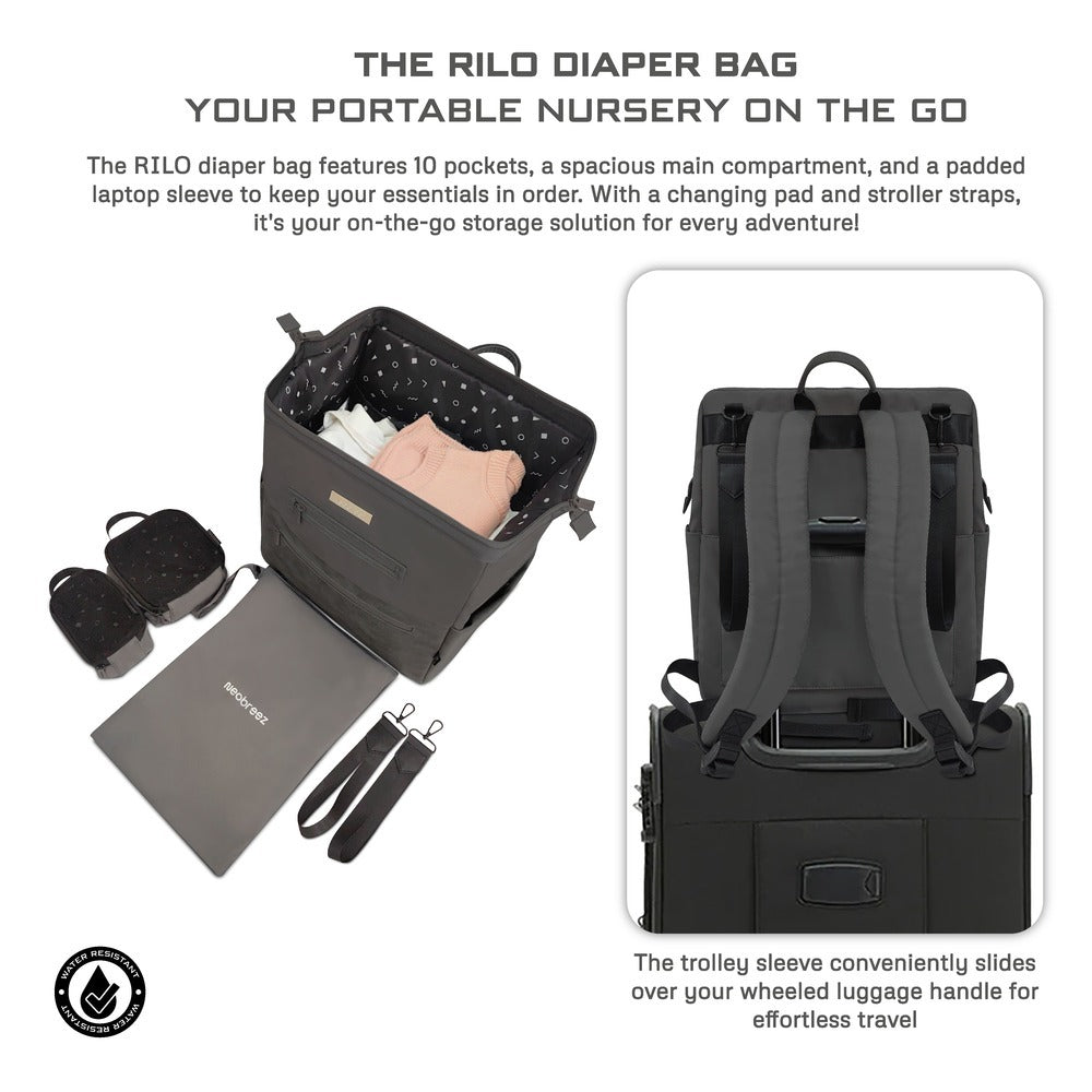 Neobreez Rilo Diaper Backpack 7pc Set with Changing Mat Wet Bag Pouches Dark Grey