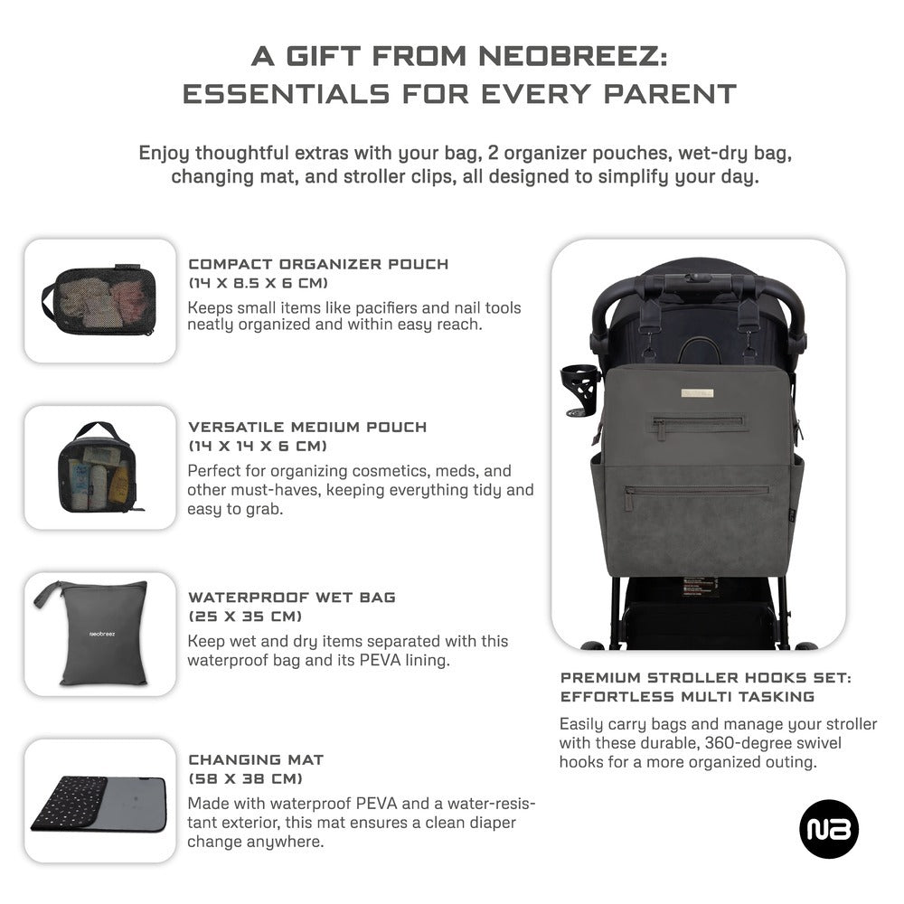 Neobreez Rilo Diaper Backpack 7pc Set with Changing Mat Wet Bag Pouches Dark Grey