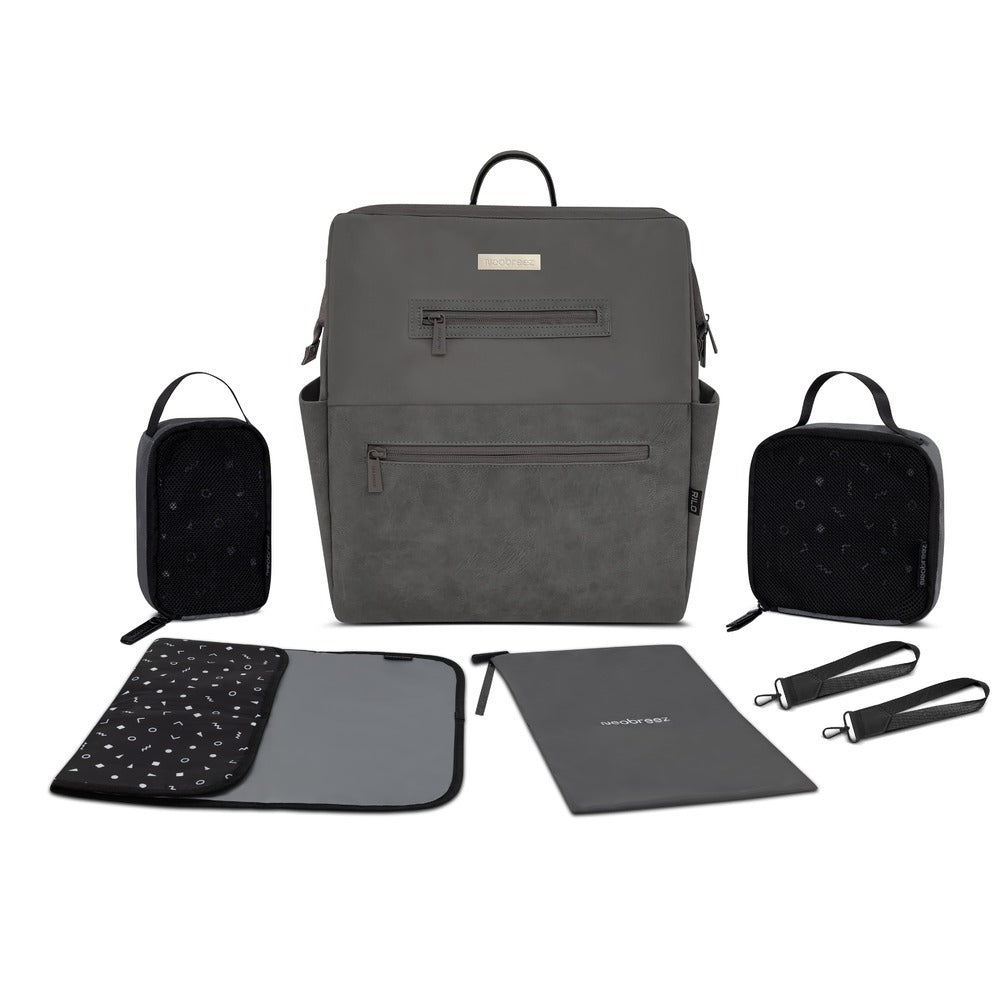 Neobreez Rilo Diaper Backpack 7pc Set with Changing Mat Wet Bag Pouches Dark Grey