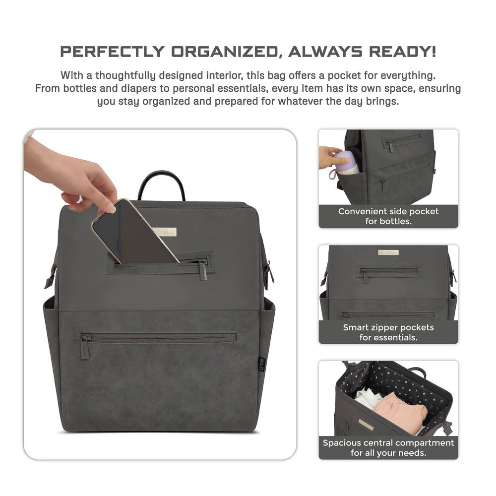 Neobreez Rilo Diaper Backpack 7pc Set with Changing Mat Wet Bag Pouches Dark Grey