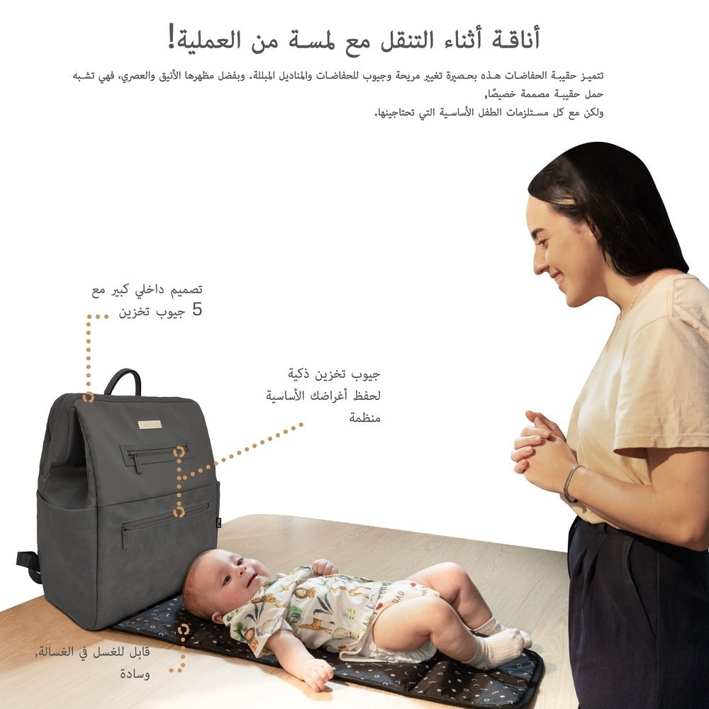 Neobreez Rilo Diaper Backpack 7pc Set with Changing Mat Wet Bag Pouches Dark Grey