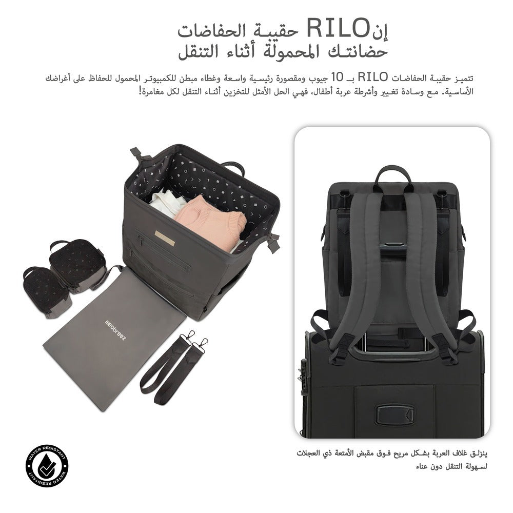 Neobreez Rilo Diaper Backpack 7pc Set with Changing Mat Wet Bag Pouches Dark Grey