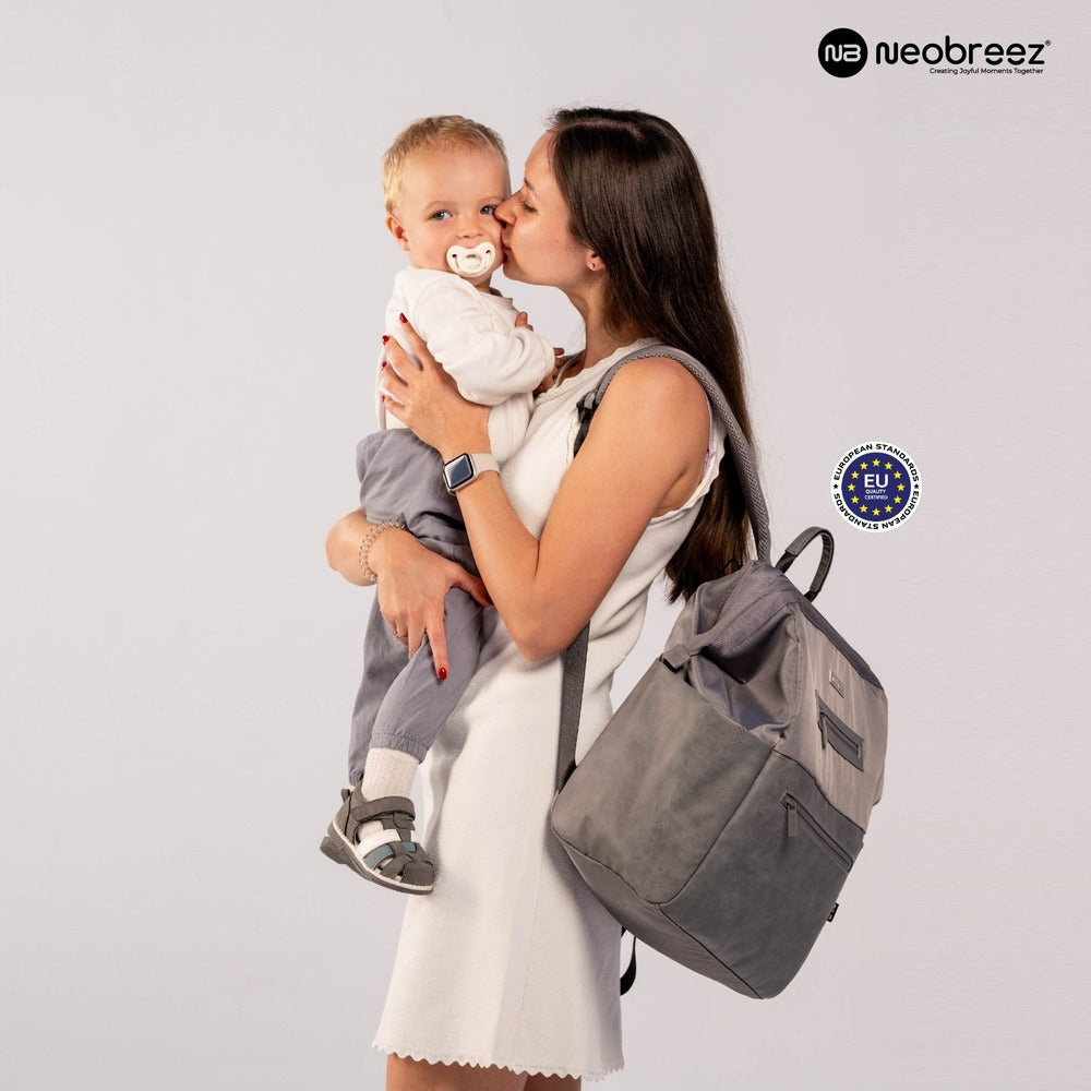 Neobreez Rilo Diaper Backpack 7pc Set with Changing Mat Wet Bag Pouches Dark Grey