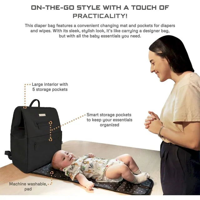 Neobreez Rilo Diaper Backpack 7pc Set with Changing Mat Wet Bag Pouches Black