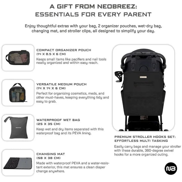 Neobreez Rilo Diaper Backpack 7pc Set with Changing Mat Wet Bag Pouches Black