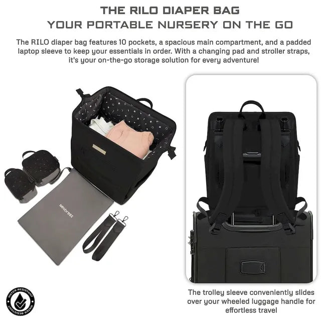 Neobreez Rilo Diaper Backpack 7pc Set with Changing Mat Wet Bag Pouches Black