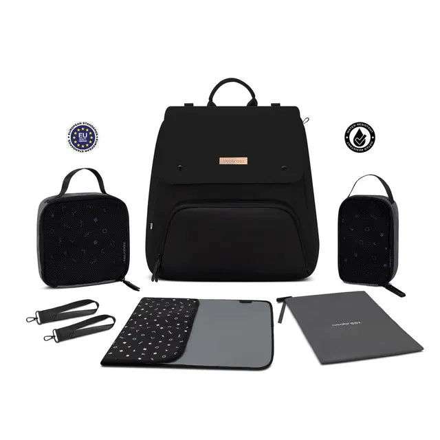 Neobreez Zori Diaper Backpack 7pc Set with Changing Mat Wet Bag and Pouches Black