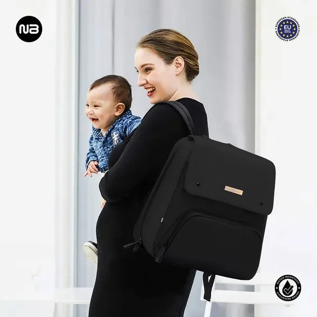 Neobreez Zori Diaper Backpack 7pc Set with Changing Mat Wet Bag and Pouches Black