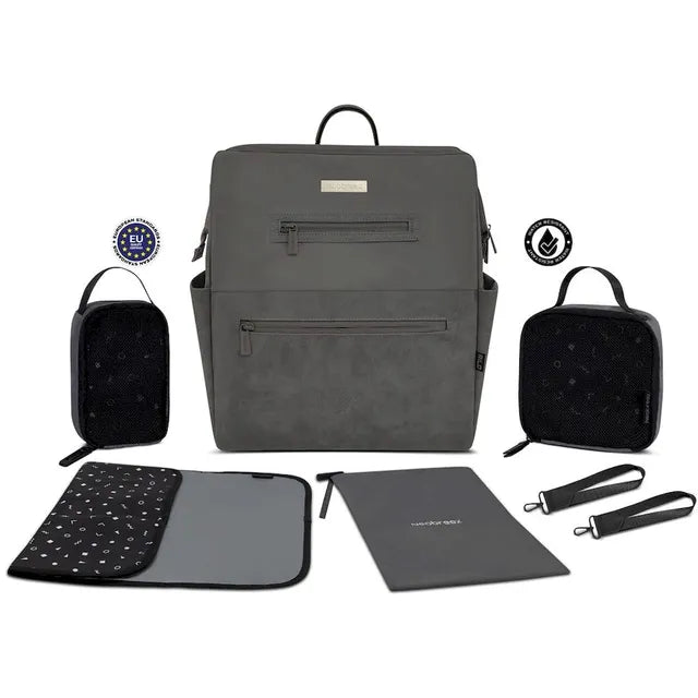 Neobreez Rilo Diaper Backpack 7pc Set with Changing Mat Wet Bag Pouches Stone Grey