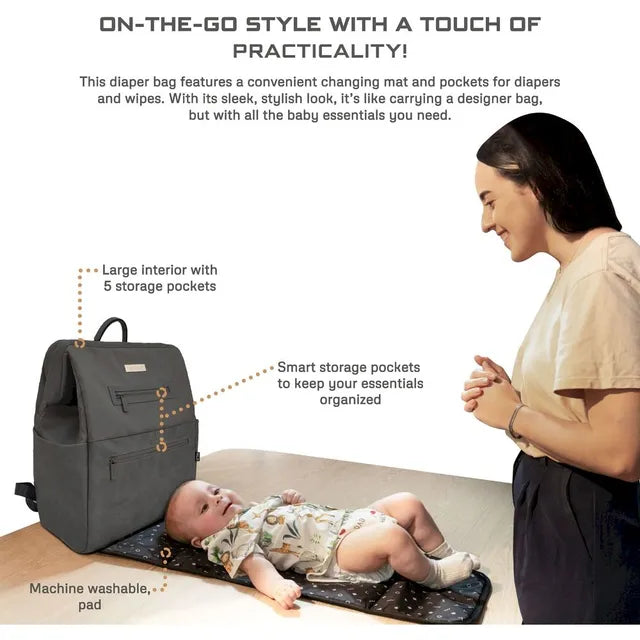 Neobreez Rilo Diaper Backpack 7pc Set with Changing Mat Wet Bag Pouches Stone Grey