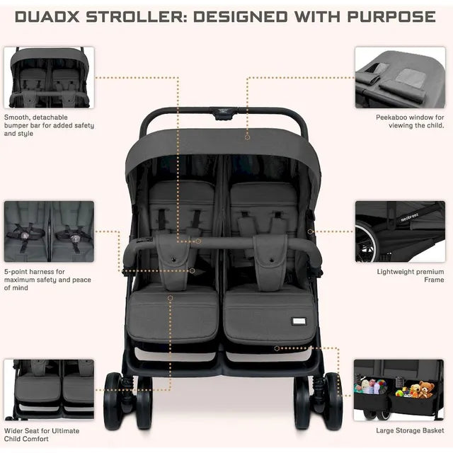 Neobreez Duadx Double Compact Twin Stroller Grey