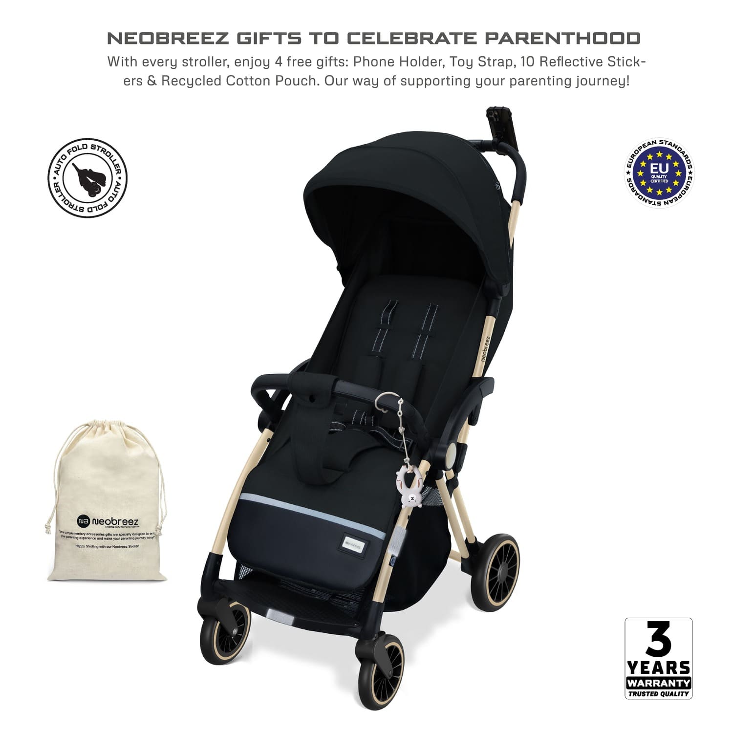 Neobreez Theta Auto Fold Compact Lightweight Travel Stroller Black