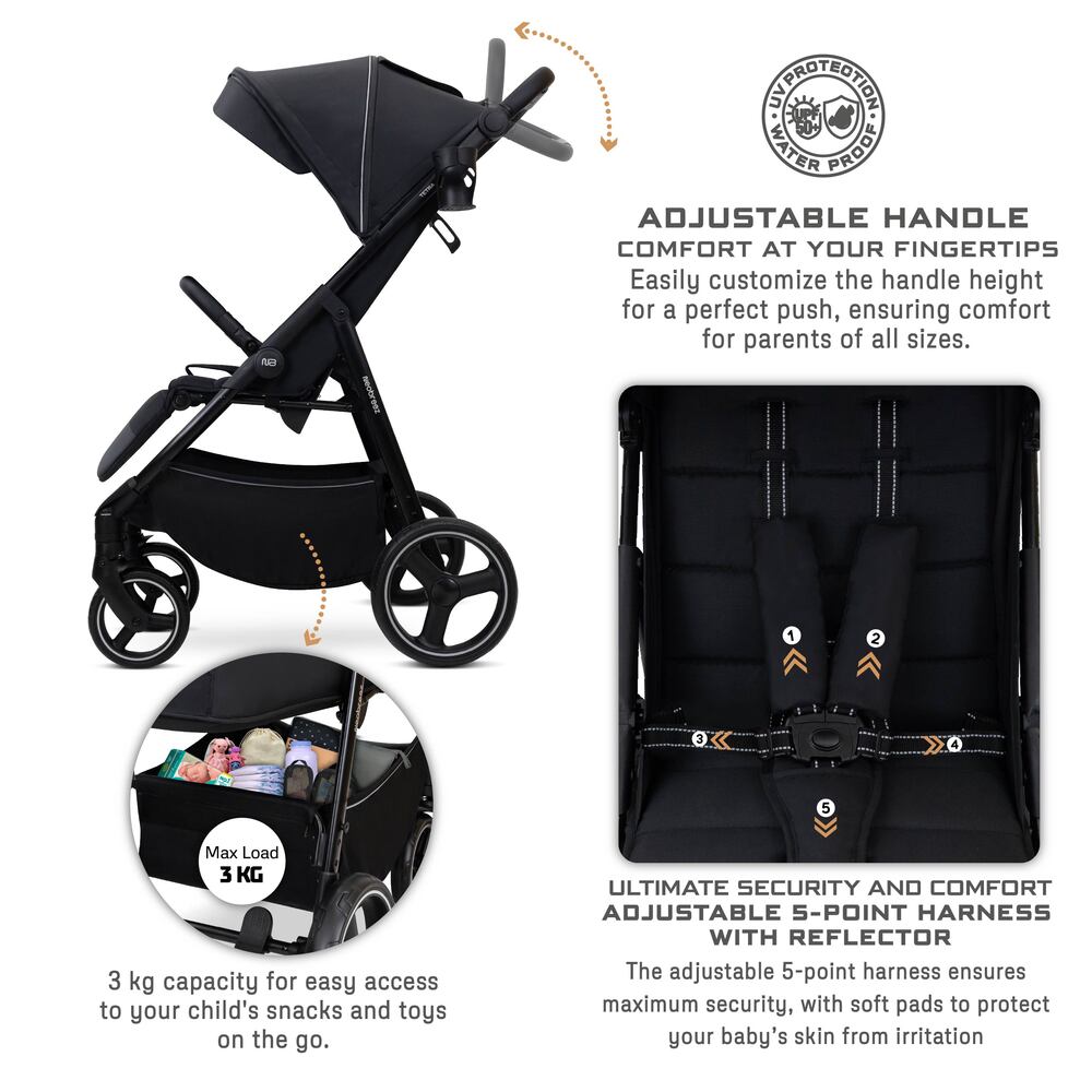 Neobreez Tetra Lightweight Pushchair Stroller with Cup Holder Black
